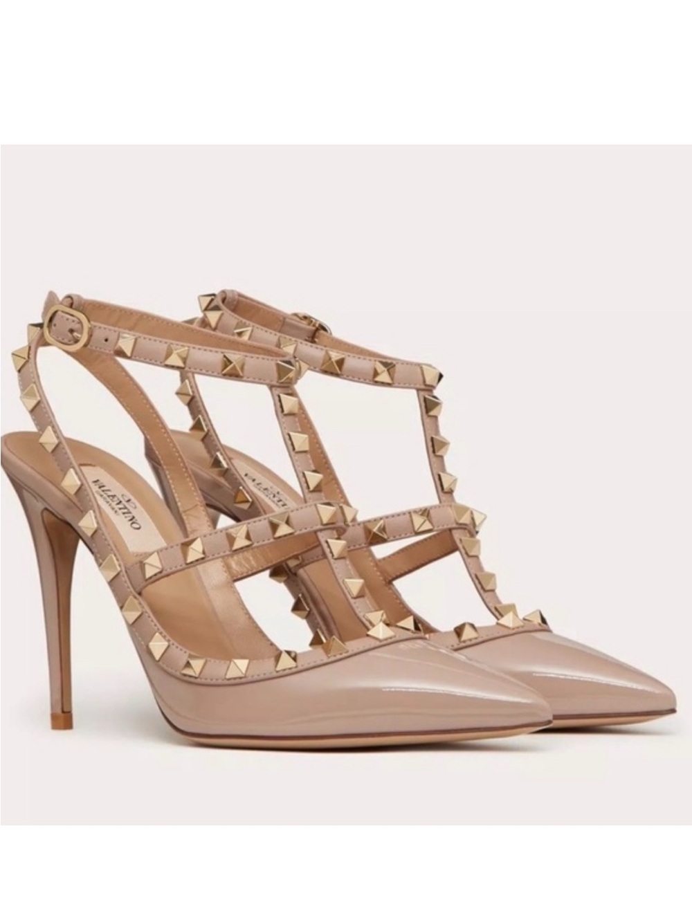 Valentino Garavani Rockstud Nude Patent Leather T-Strap Pumps 39.5